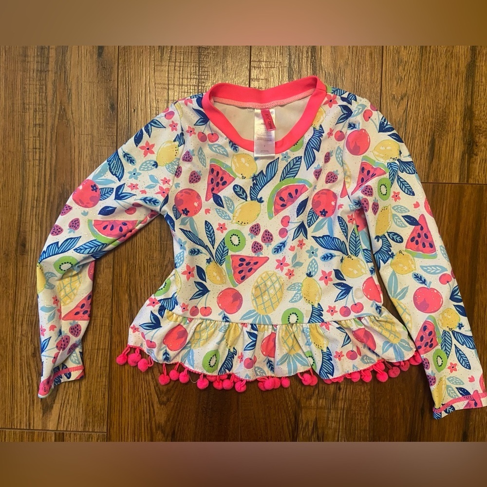 Betsey Johnson rash guard swim top girls fruity fun Pom poms pink Sz 5